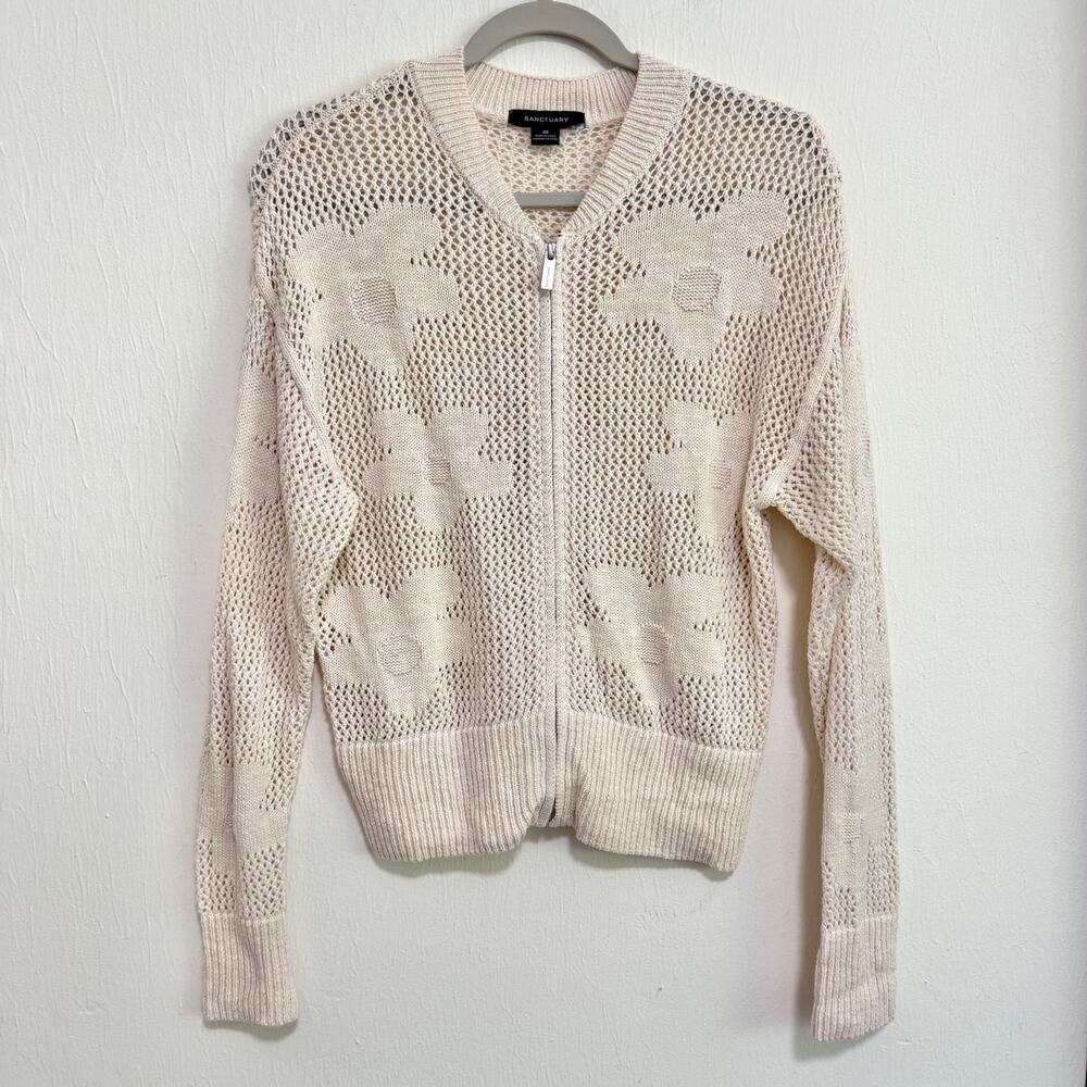 Womens Open Knit Full Zip Cardigan Sweater XS Cream Floral Boho Cottagecore